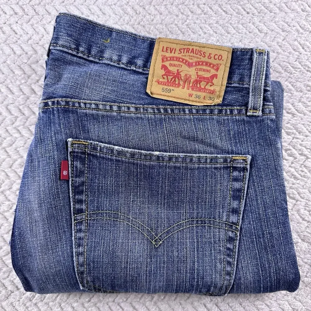 Levis 559 Jeans Men's 36x30 Blue Denim‎ Whiskered Relaxed Straight 100% Cotton